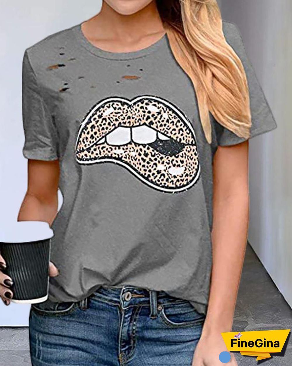 Short Sleeve Lip Leopard Print T-shirt P14771