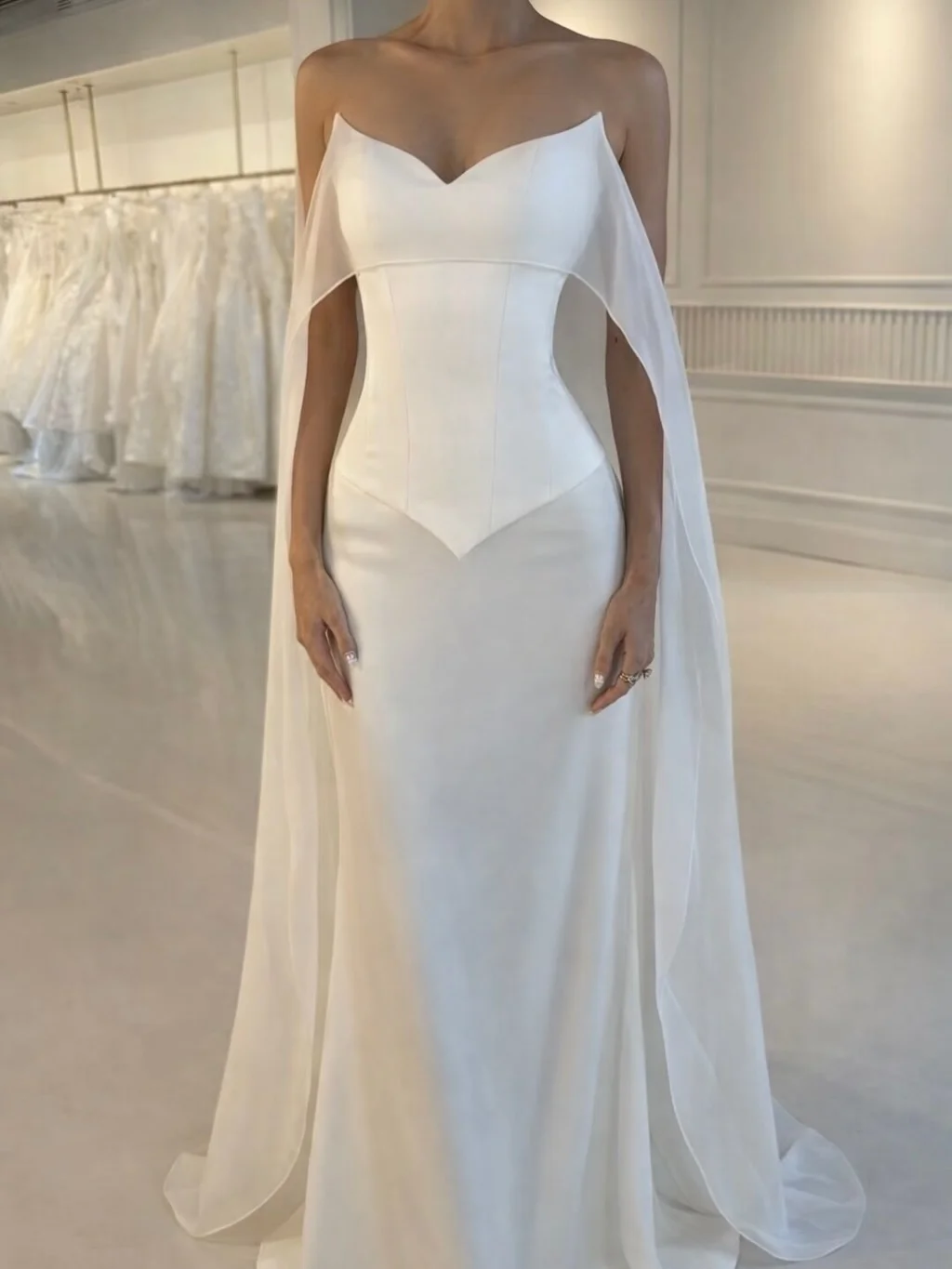 Satin And Chiffon Deep V-Neck Strapless Sleeveless High-Waisted Long Mermaid Prom Dress | JZ0140 Wellcucu