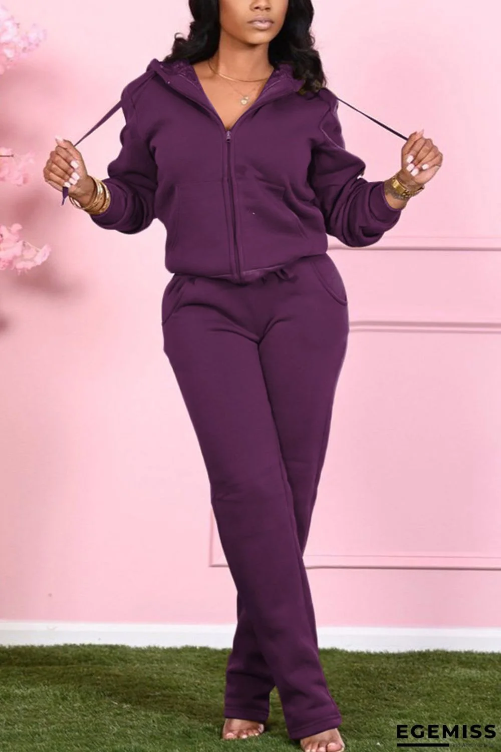 purple Fashion Casual Adult Solid Draw String Hooded Collar Long Sleeve Regular Sleeve Regular Two Pieces | EGEMISS