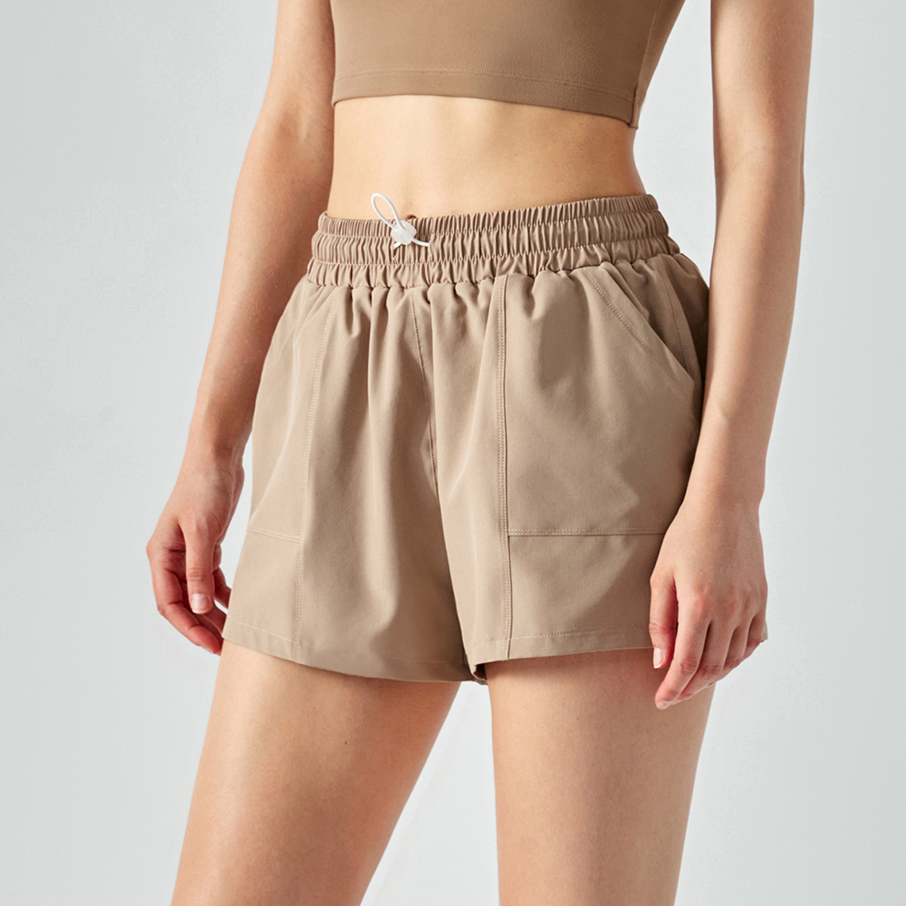 Hergymclothing Almond 4 way stretch anti wardrobe malfunction comfortable polyester spandex fake 2 pieces gym running shorts with pockets for sale