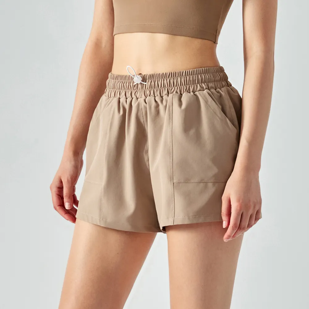 Hergymclothing Almond 4 way stretch anti wardrobe malfunction comfortable polyester spandex fake 2 pieces gym running shorts with pockets for sale