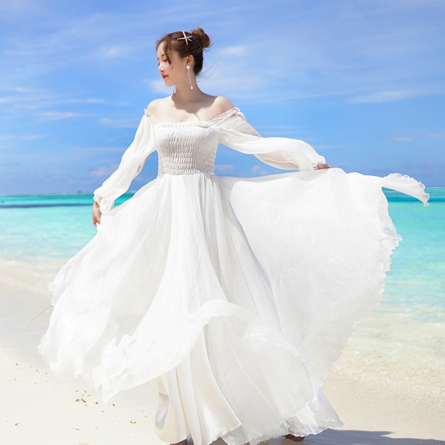 Women Elegant Vintage Slash Neck A-Line White Beach Party Dress