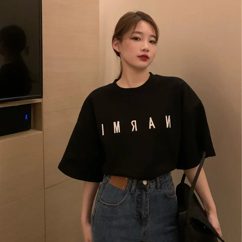 Uveng Uveng Sleeve T-Shirt Women's Ins Tide Loose Korean Version Medium Long Short Sleeve Letter Embroidered Jacket Women's Summer 2024 New