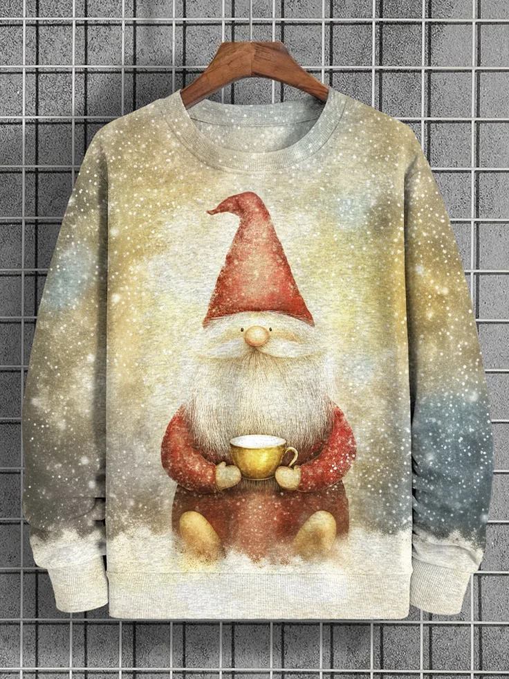 Men's Christmas Gnome Drinks Hot Milk Print Casual Sweatshirt