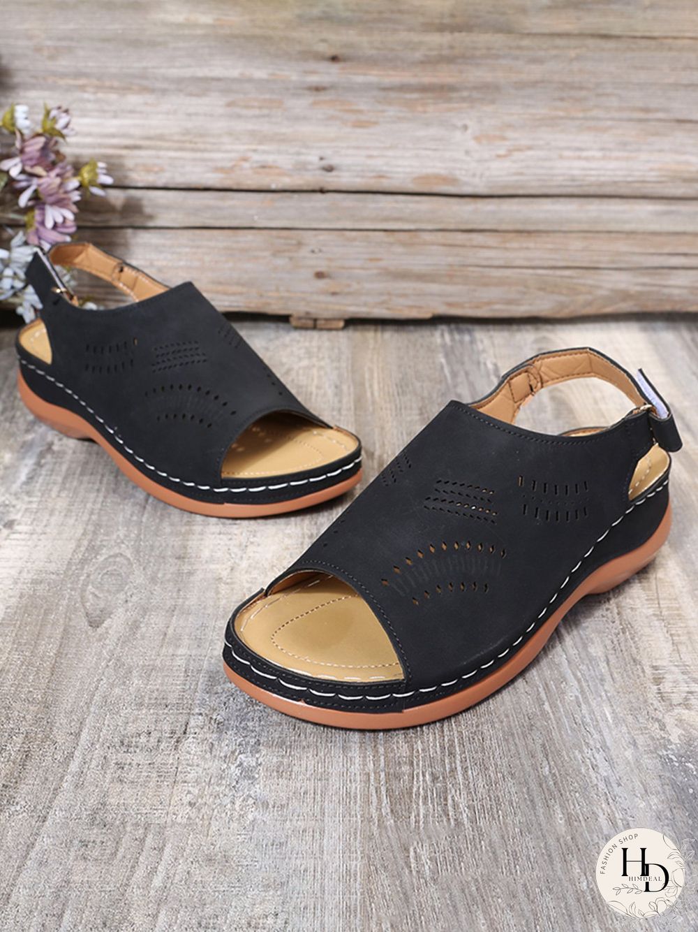 Cutout Velcro Vintage Casual Velcro Wedge Sandals
