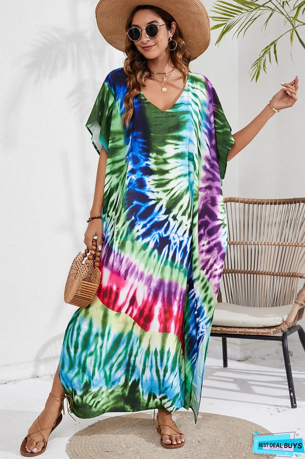 Slit Printed V-Neck Short Sleeve Cover Up