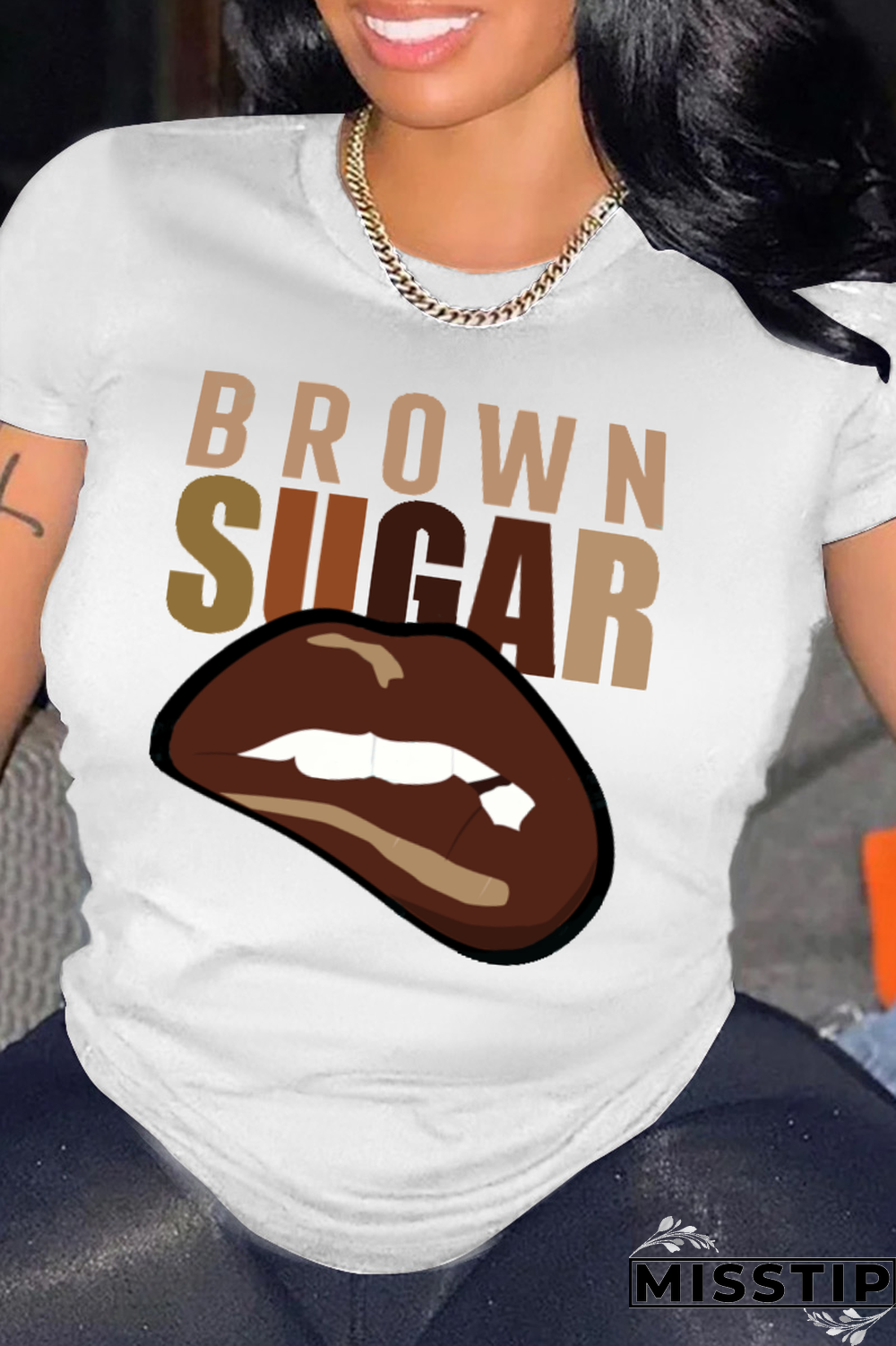 White Casual Daily Lips Printed Patchwork Letter O Neck T-Shirts