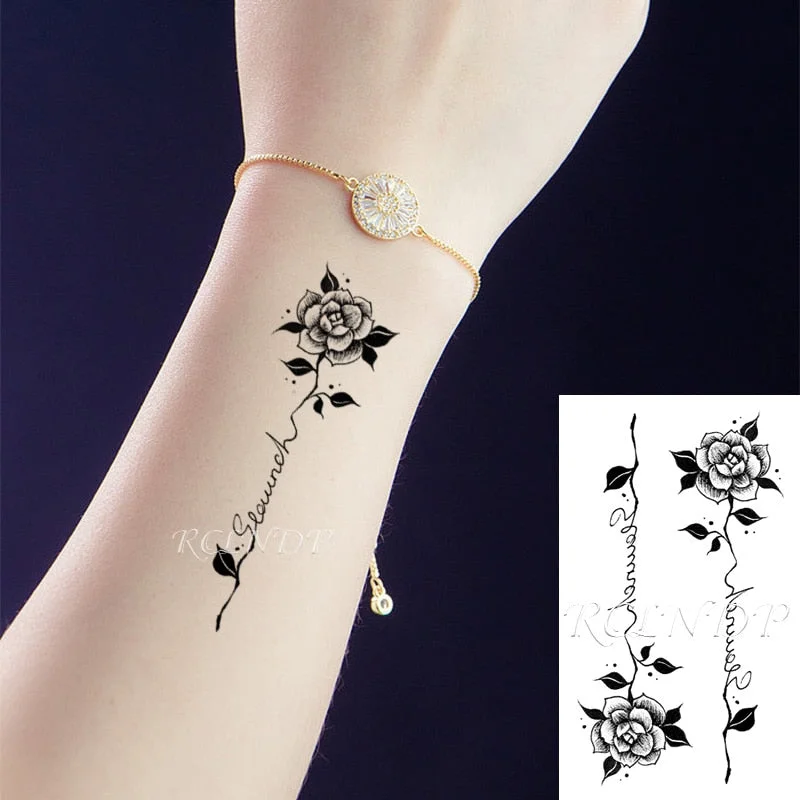 Waterproof Temporary Tattoo Sticker Rose Flower Leaf Letter Black Small Body Art Flash Tatoo Fake Tatto for Kids Girl Men Women