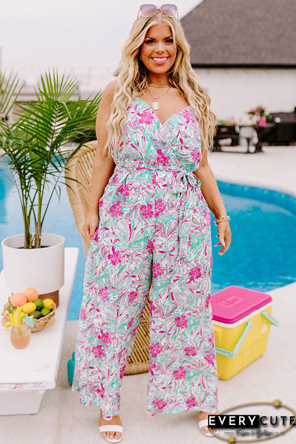 Rose Tropical Floral Spaghetti Straps Belted Plus Size Jumpsuit