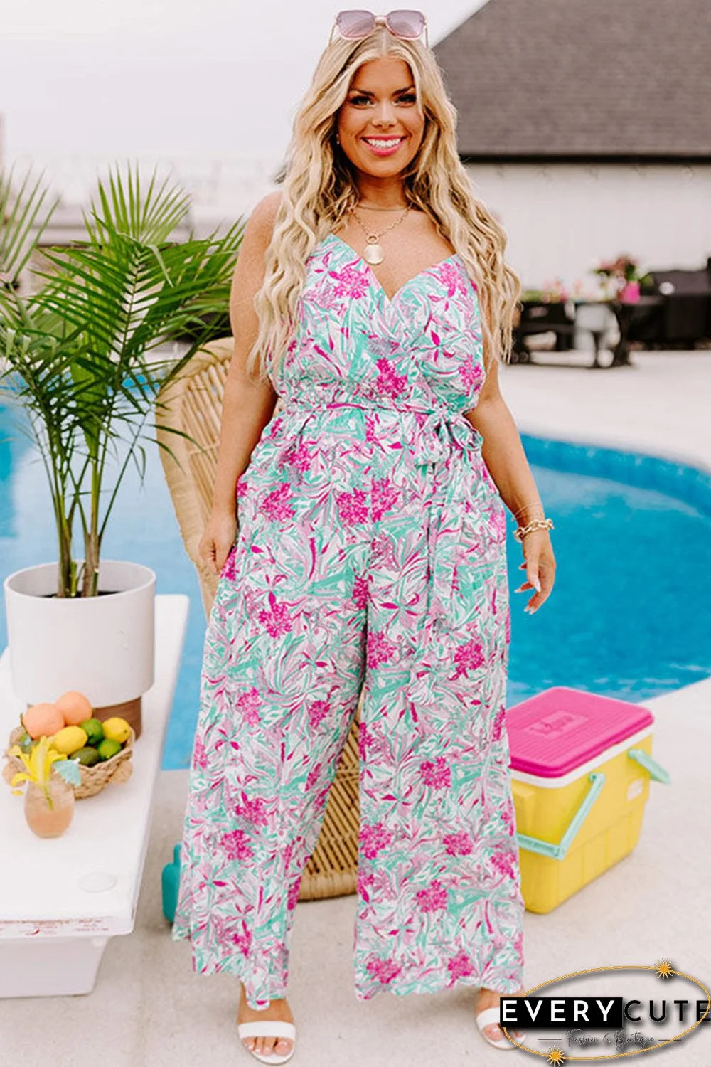 Rose Tropical Floral Spaghetti Straps Belted Plus Size Jumpsuit