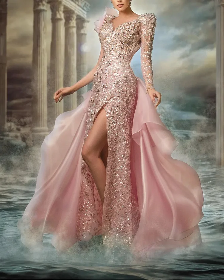 Women's V-neck slit sequined Dress