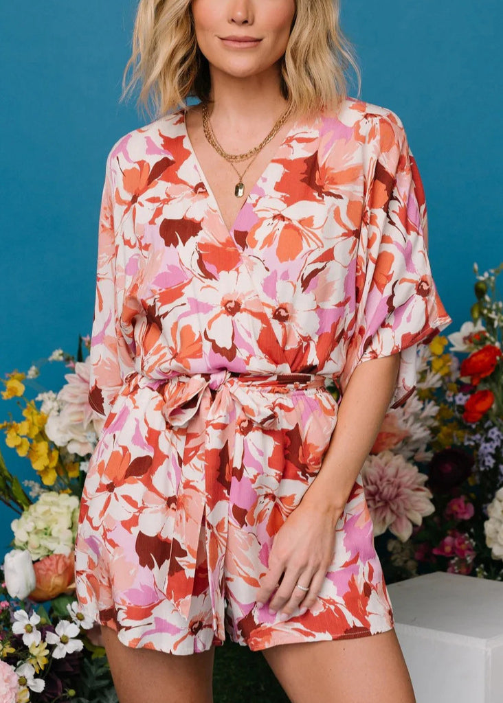 VCSHOES Pink V Neck Print Pockets Jumpsuits Summer