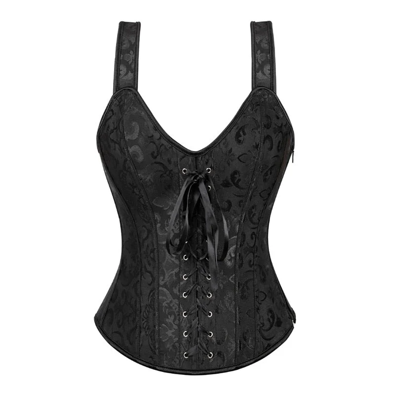 Sapubonva corset sexy bustier lingerie plus size gothic brocade overbust corset vest top corselet for women zipper black white