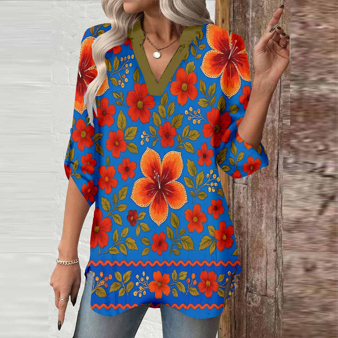 Women Floral, Blue, Red DZGA0085 3/4 Sleeve V-neck Printed Graphic Button Tops