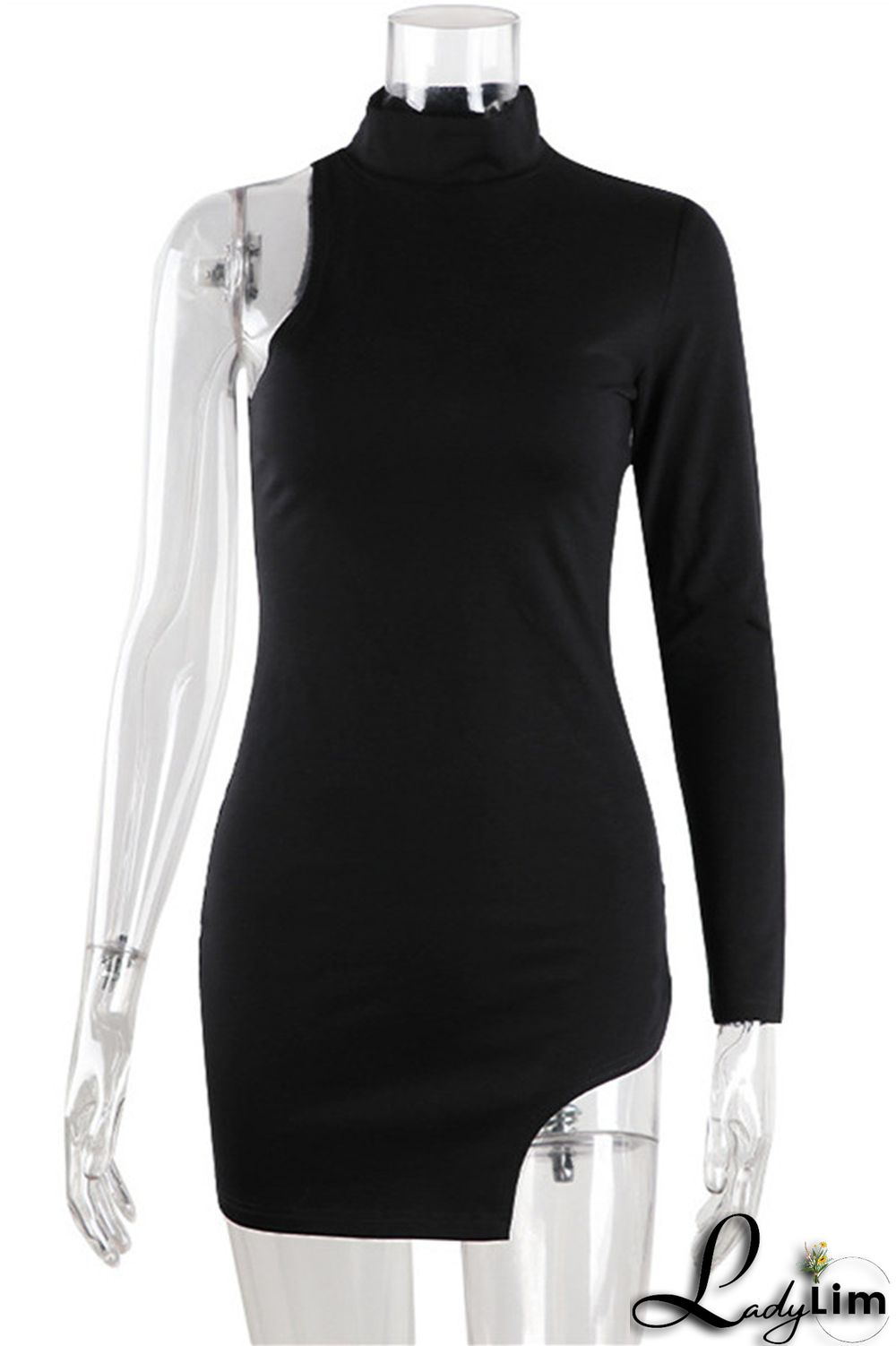 Black Fashion Sexy Solid Asymmetrical Turtleneck Long Sleeve Dresses
