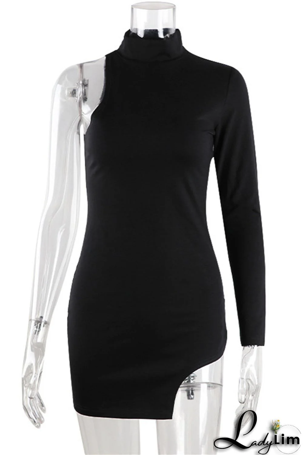 Black Fashion Sexy Solid Asymmetrical Turtleneck Long Sleeve Dresses