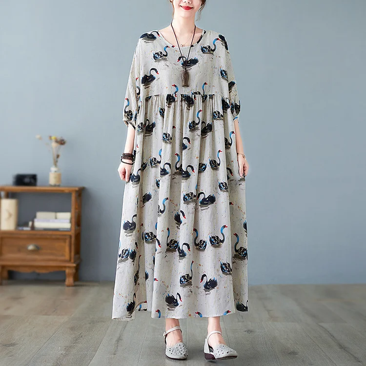 Literary Cotton And Linen Print Short Sleeve Midi Dress