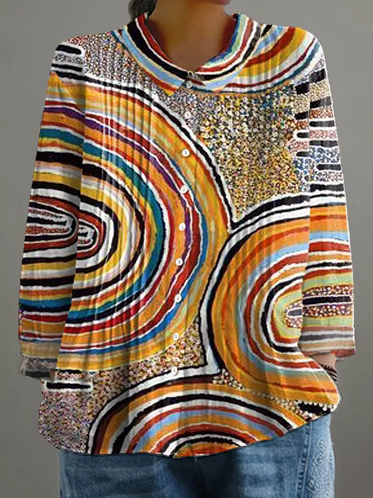 Women's Abstract Geometric Pattern Art Print Casual Cotton And Linen Ruffle Shirt