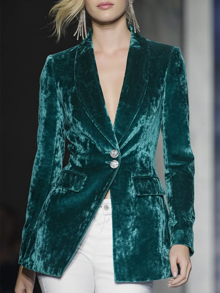 Elegant Green Diamond Velvet Button Blazer