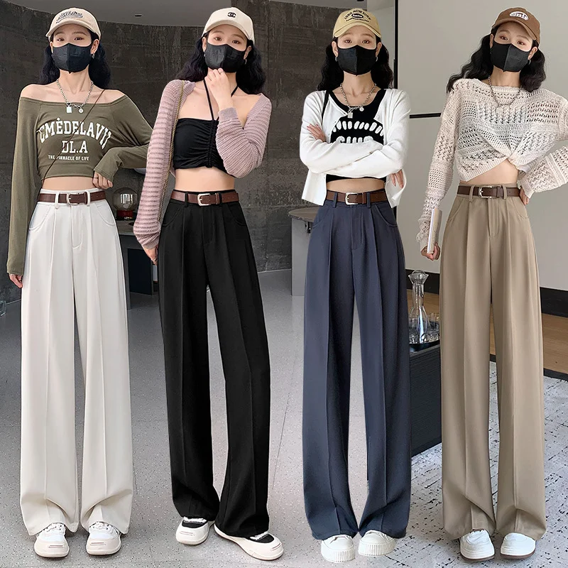 Toloer Narrow Version Wide Leg Pants Female Spring And Summer 2024 New High Waist Hanging Feeling Straight Tube Small Senior Sense Pressure Pleated Suit Pants-Outfit Ideas