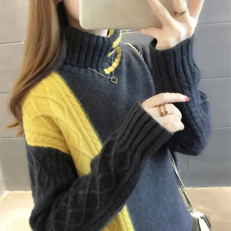 Oocharger Winter Thick Women Turtleneck Sweater Fashion Winter Patchwork Knitted Pullover Warm Sweater Casual Long Sleeve Jumper