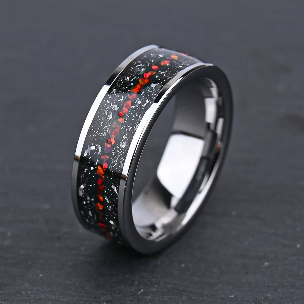 8MM Black Tungsten Carbide Rings Flat-set Meteorite Red Orbale Tungsten Wedding Bands For Women and Men
