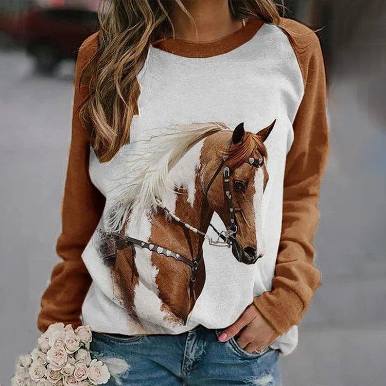 VChics Western Horse Print Panel Crewneck Sweatshirt