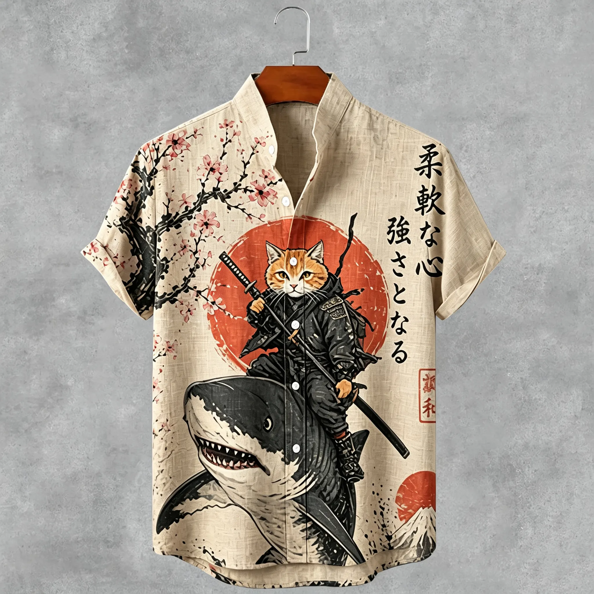 Vintage Japanese Warrior Cat Art Print Button Casual Cotton Linen Shirt  artssus