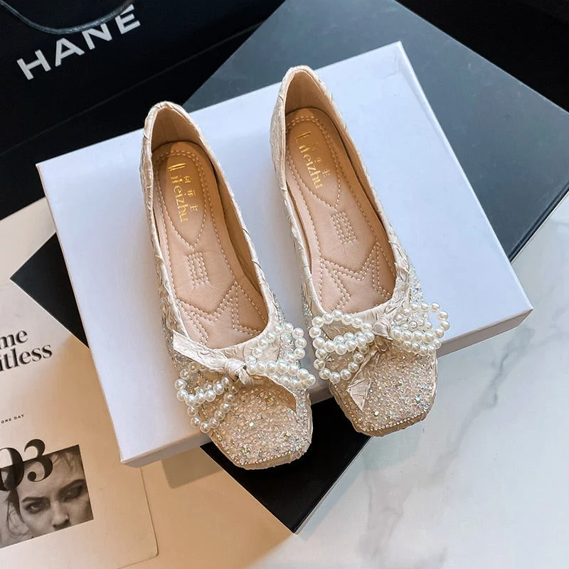 pearl strings bow flat shoes women glitter lolita shoes pleated slik square toe slip on loafers women espadrilles big size 43