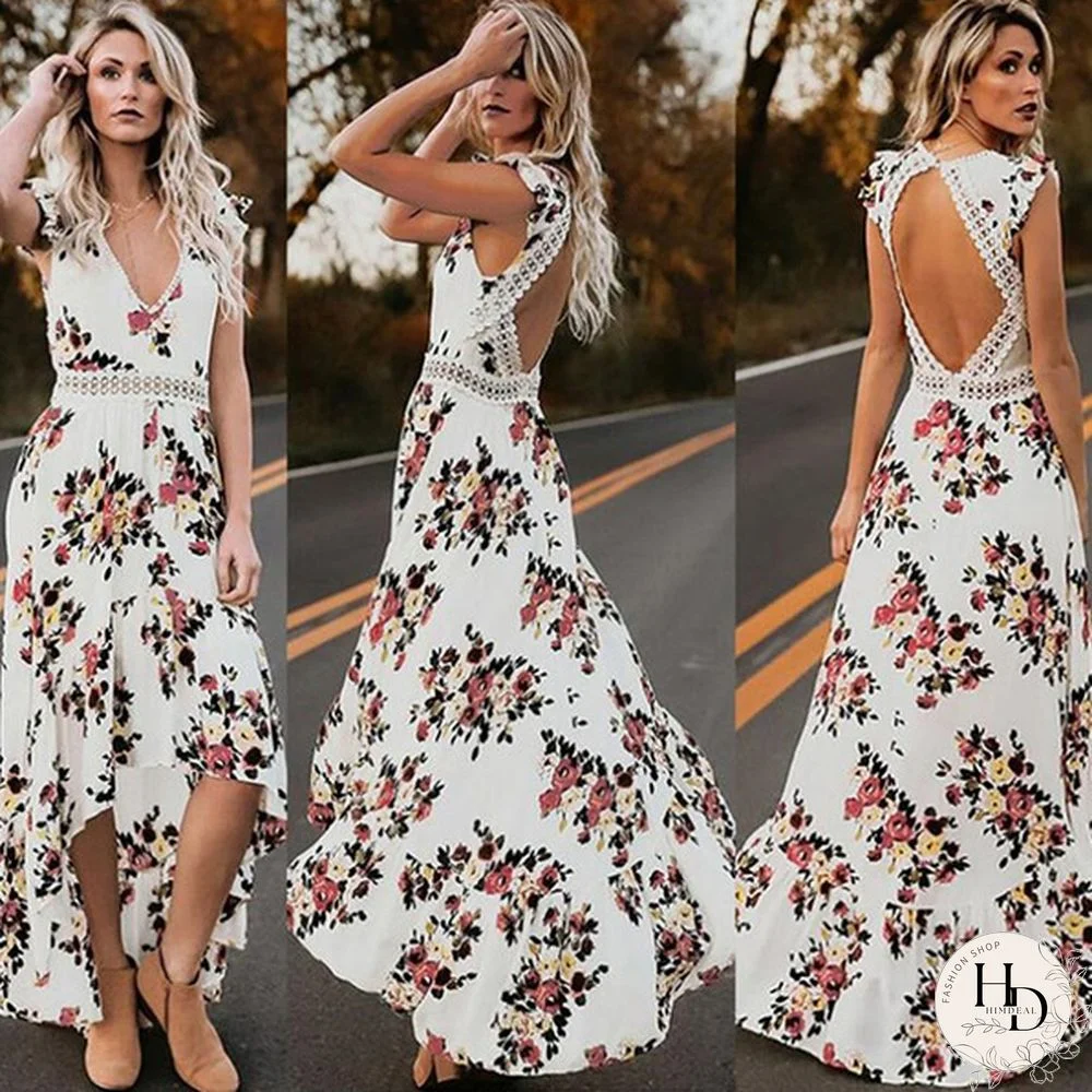 Maxi Irregular Boho Dress Summer Floral Print Sexy V-Neck Hem Dresses Holiday Bohemia Long Women Dress