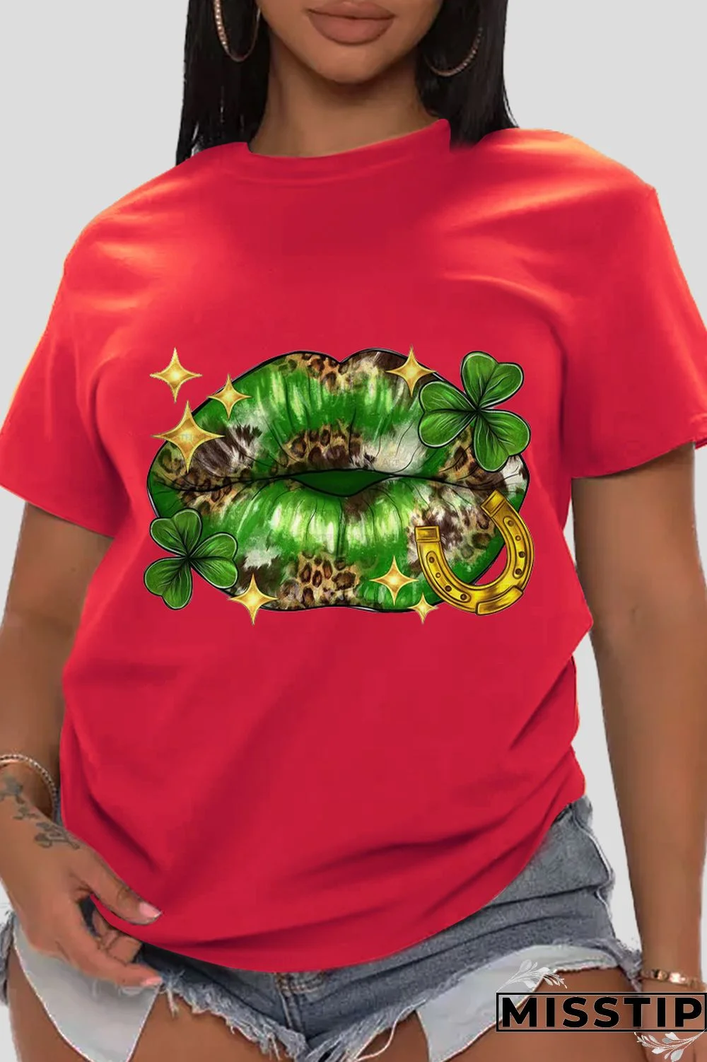 Black Street Print Patchwork O Neck T-Shirts