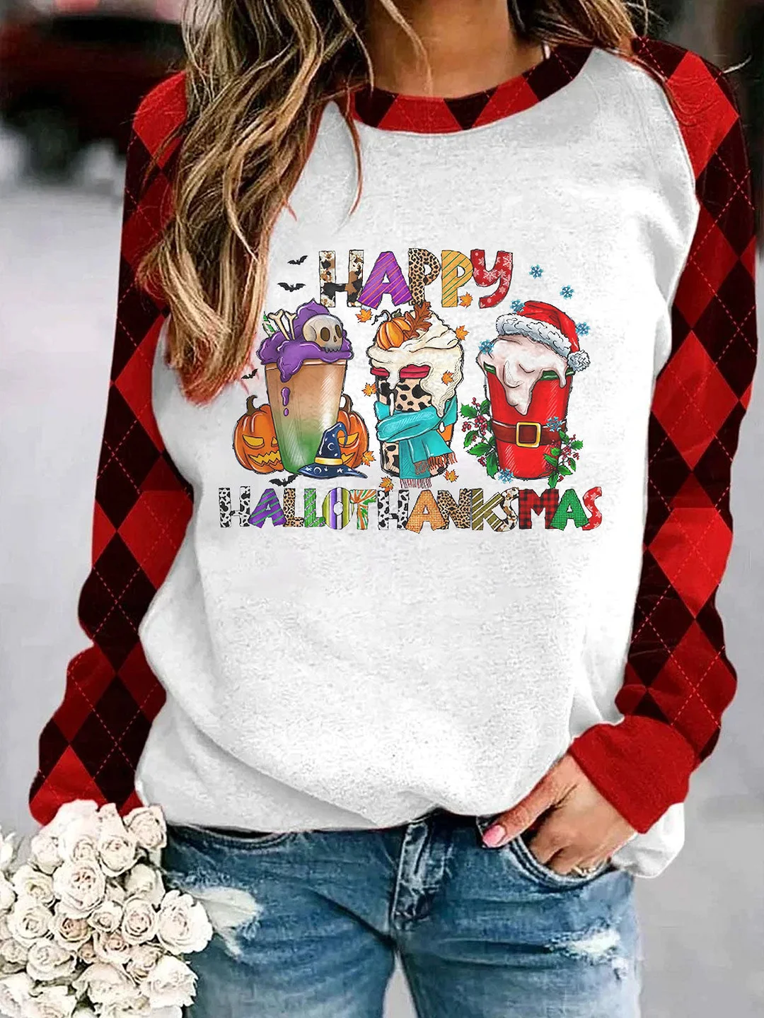 Happy Hallothanksmas Coffee Patchwork Plaid Long Sleeve Sweatshirt