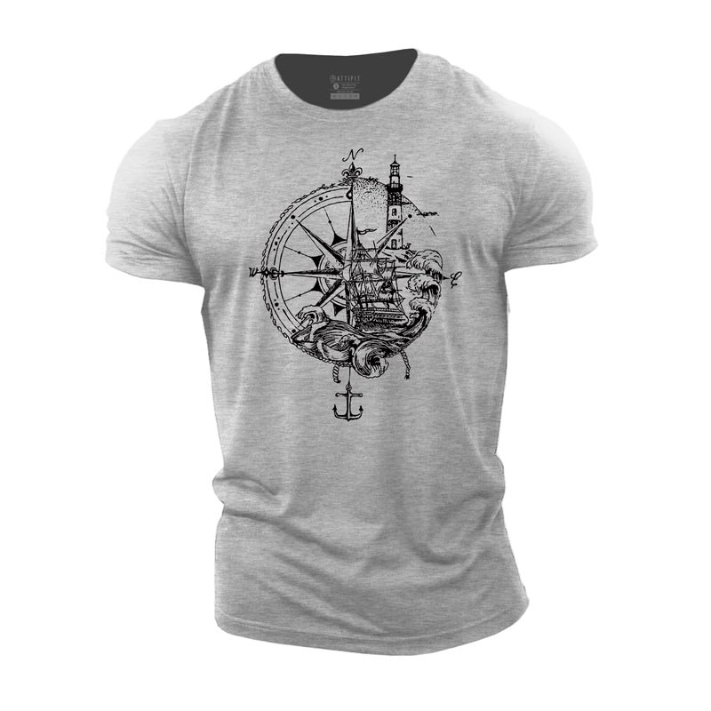 Cotton Compass Sailing Ship Graphic Men's T-shirts tacday