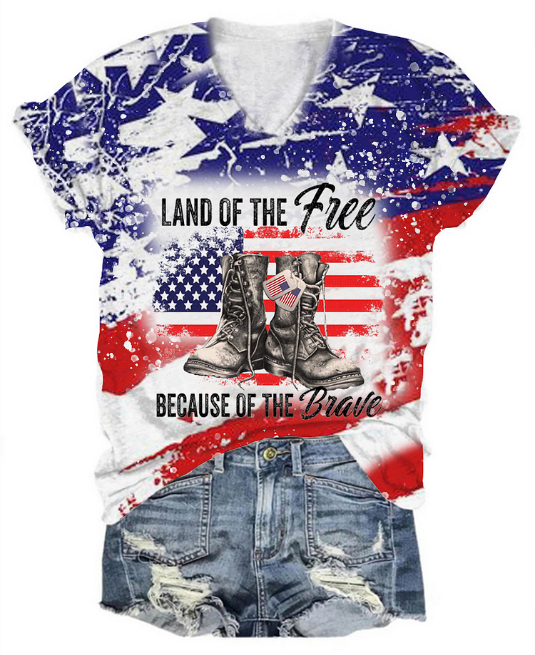 Women's Independence Day Land Of The Free Because Of The Brave Print V-Neck Casual T-Shirt socialshop