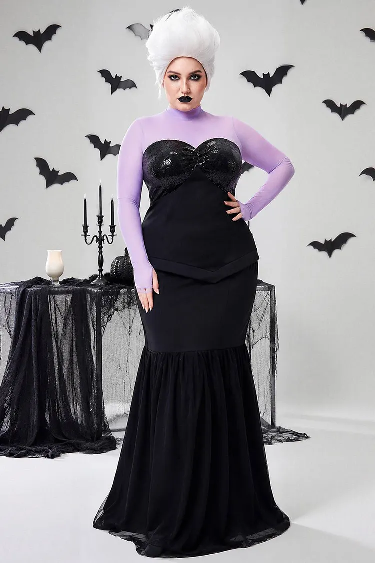 Xpluswear Design Plus Size Halloween Costume Black Cosplay Mesh Long Sleeve Sequin Knitted Maxi Dress（Ships in US） 2024 - Xpluswear