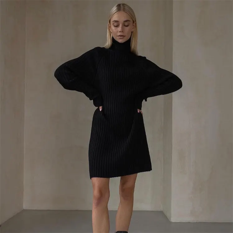 Uveng Uveng Turtleneck Dress Women's Leisurely Loose Thick Pit Strip Solid-Colored Bag-Up 2023 Autumn And Winter Knitted Dress