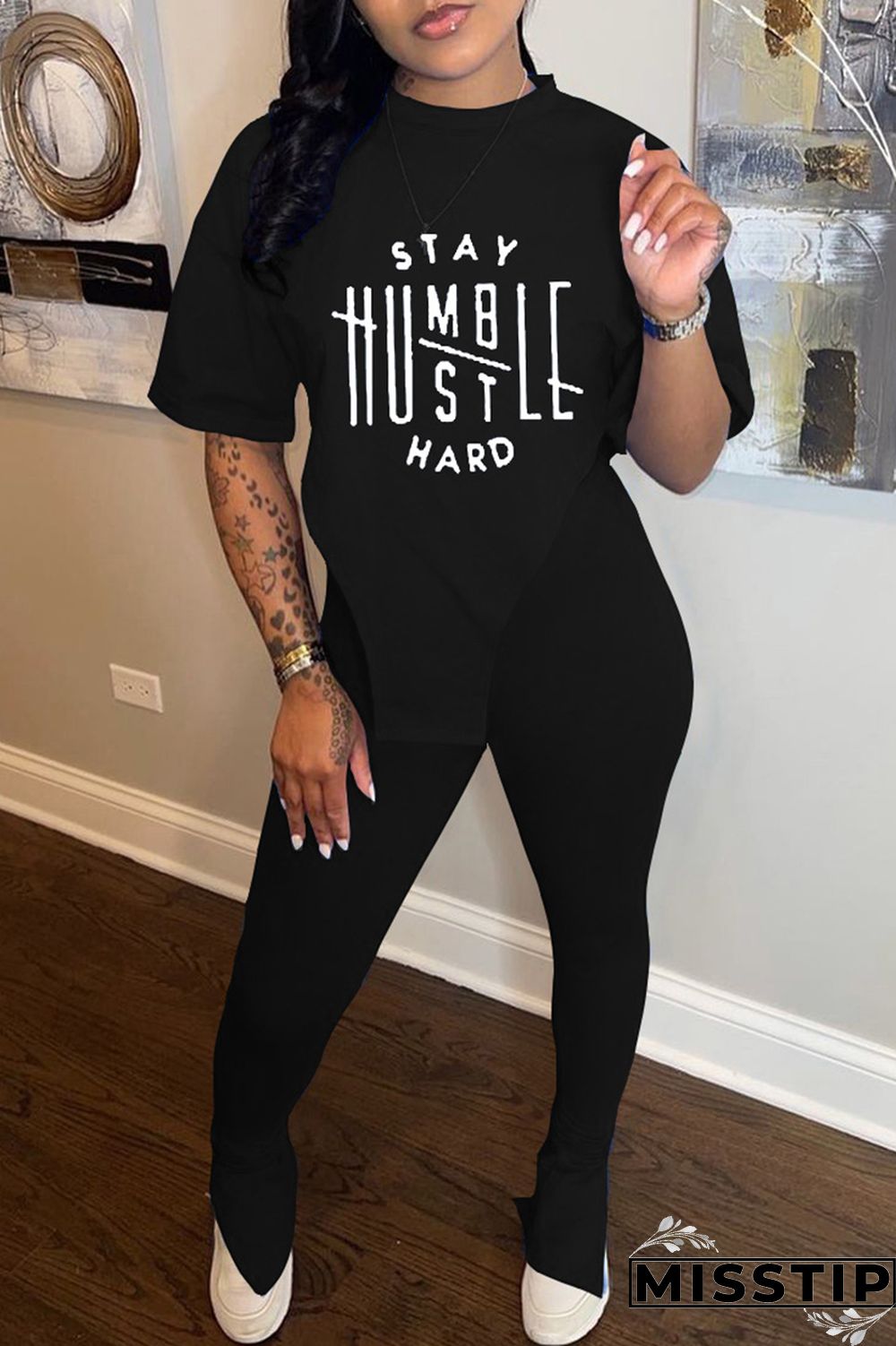 Black Fashion Casual Print Slit Asymmetrical O Neck Short Sleeve Two Pieces