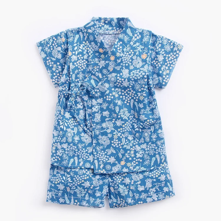 2pcs Baby Boy/Girl Summer Fashion Allover Blue Floral Print Polo Collar Short Sleeve Tops & Shorts Set