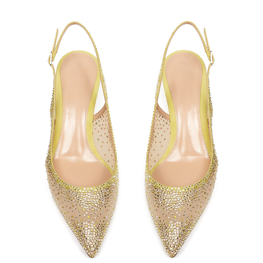 GOOSHOE Yellow Suede Rhinestone Kitten Heel Slingback Pumps
