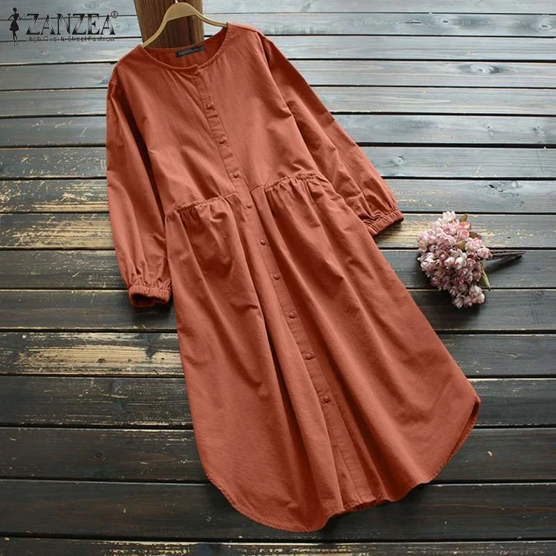 Vintage Long Sleeve Sundress ZANZEA Women Spring Long Shirt Dress Elegant O Neck Solid OL Work Vestidos Casual Baggy Dresses 7