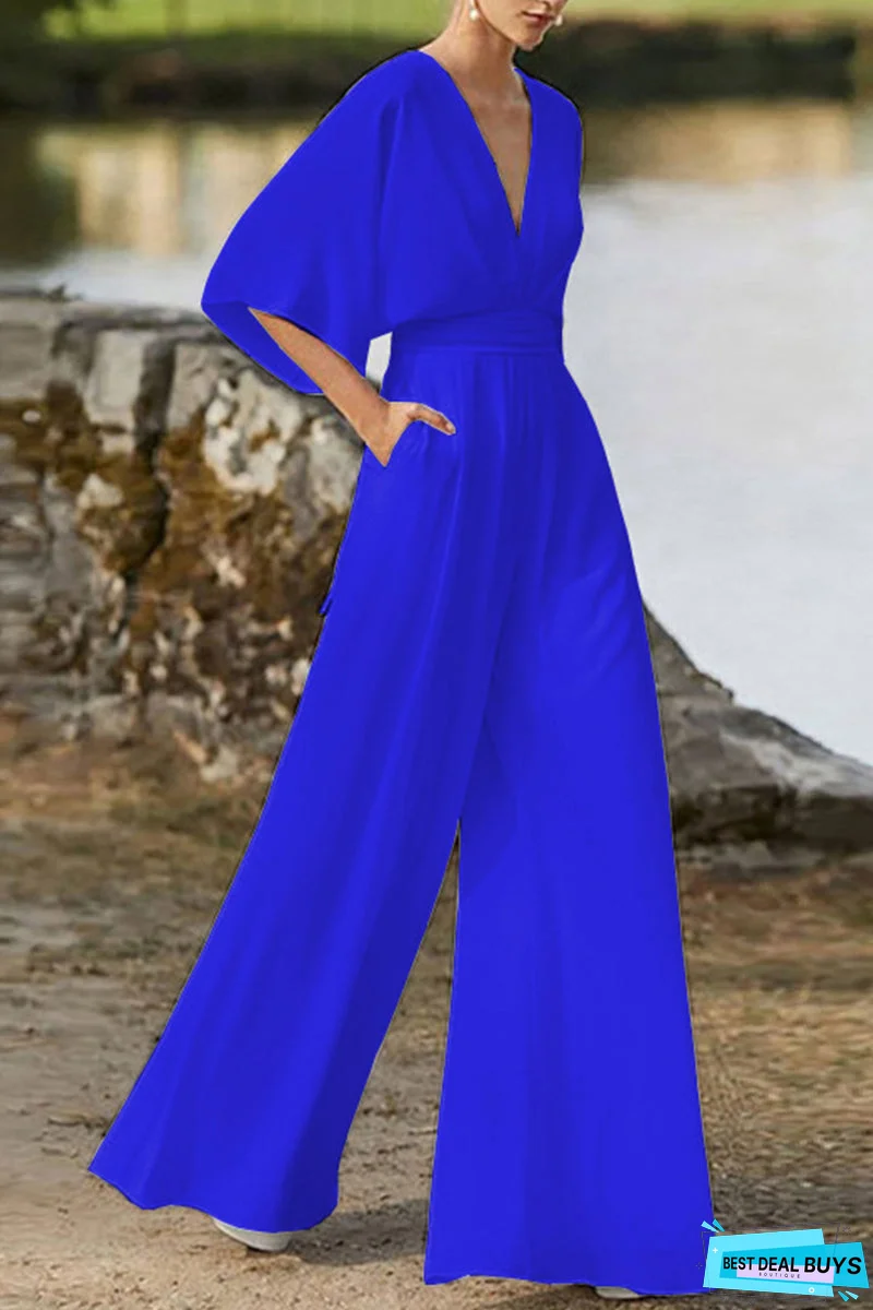 Elegant Solid Solid Color V Neck Boot Cut Jumpsuits(7 Colors)