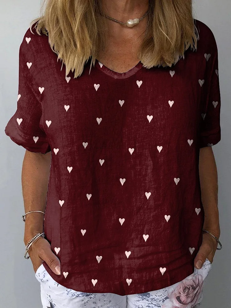 Vintage Petite Heart Pattern Printed Women's Casual Cotton And Linen Shirt