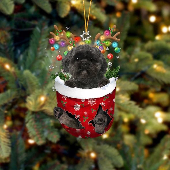 Lhasa Apso In Snow Pocket Christmas Ornament.