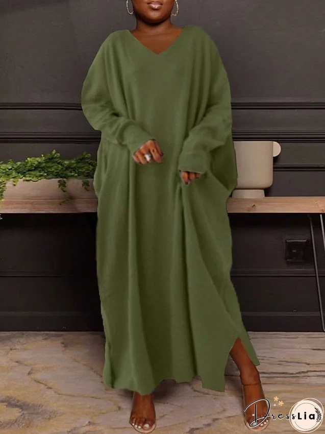 Women's Dress - Plus Size Casual Dress Solid Color V Neck Long Sleeve Winter Fall Basic Casual Maxi long Dress Daily Vacation Dress