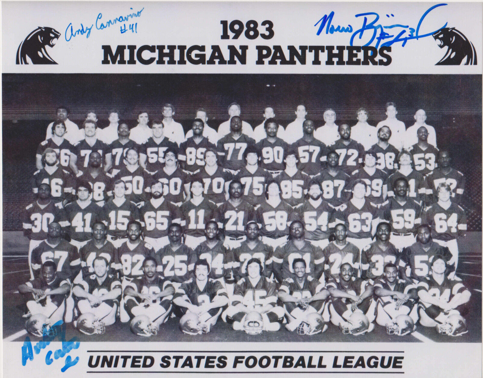 Anthony Carter,Andy Cannavino,Novo Bojovic signed 8x10 B&W Michigan Panthers pic