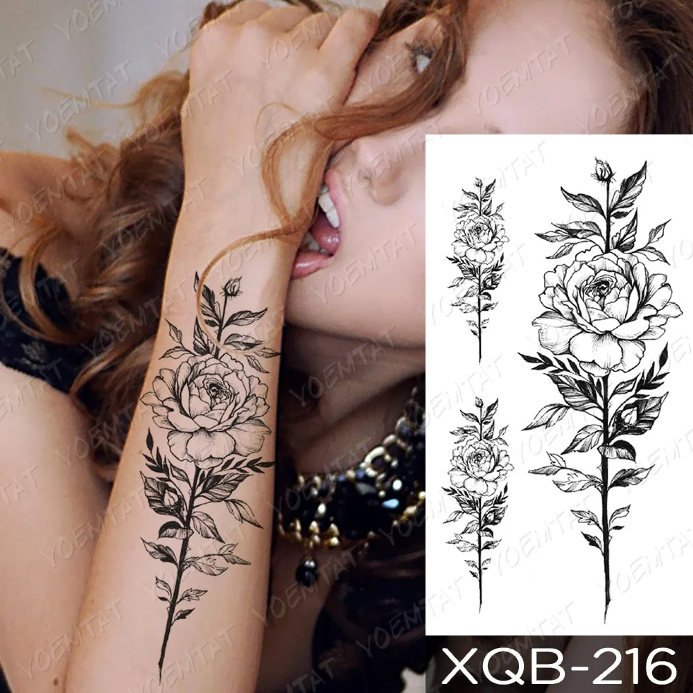 Waterproof Temporary Tattoo Sticker Line Rose Peony Snake Flash Tattoos Simple Flowers Body Art Arm Fake Sleeve Tatoo Women