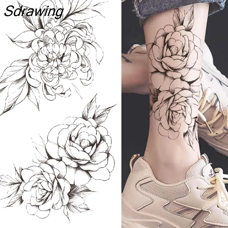 Sdrawing Fake Peony Temporary Tattoos For Women Girl Black Rose Elephant Flower Tattoo Sticker Tiger Anemone Tatoos Half Sleeve 1020-0