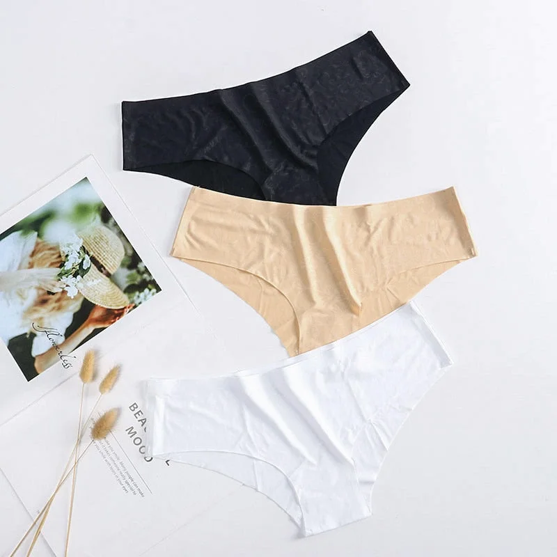 Women Ice-Silk Seamless Panties One-Piece Solid Color Sexy Briefs For Ladies Soft Floral Underwear Lingerie Plus Size XL