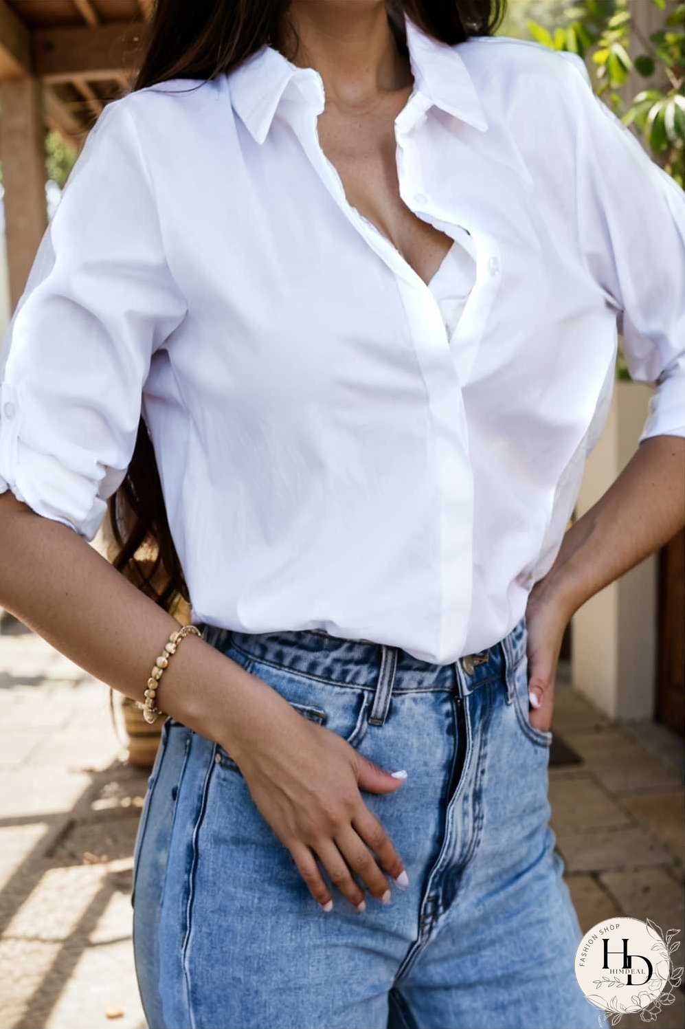 simple long sleeve v neck button blouses
