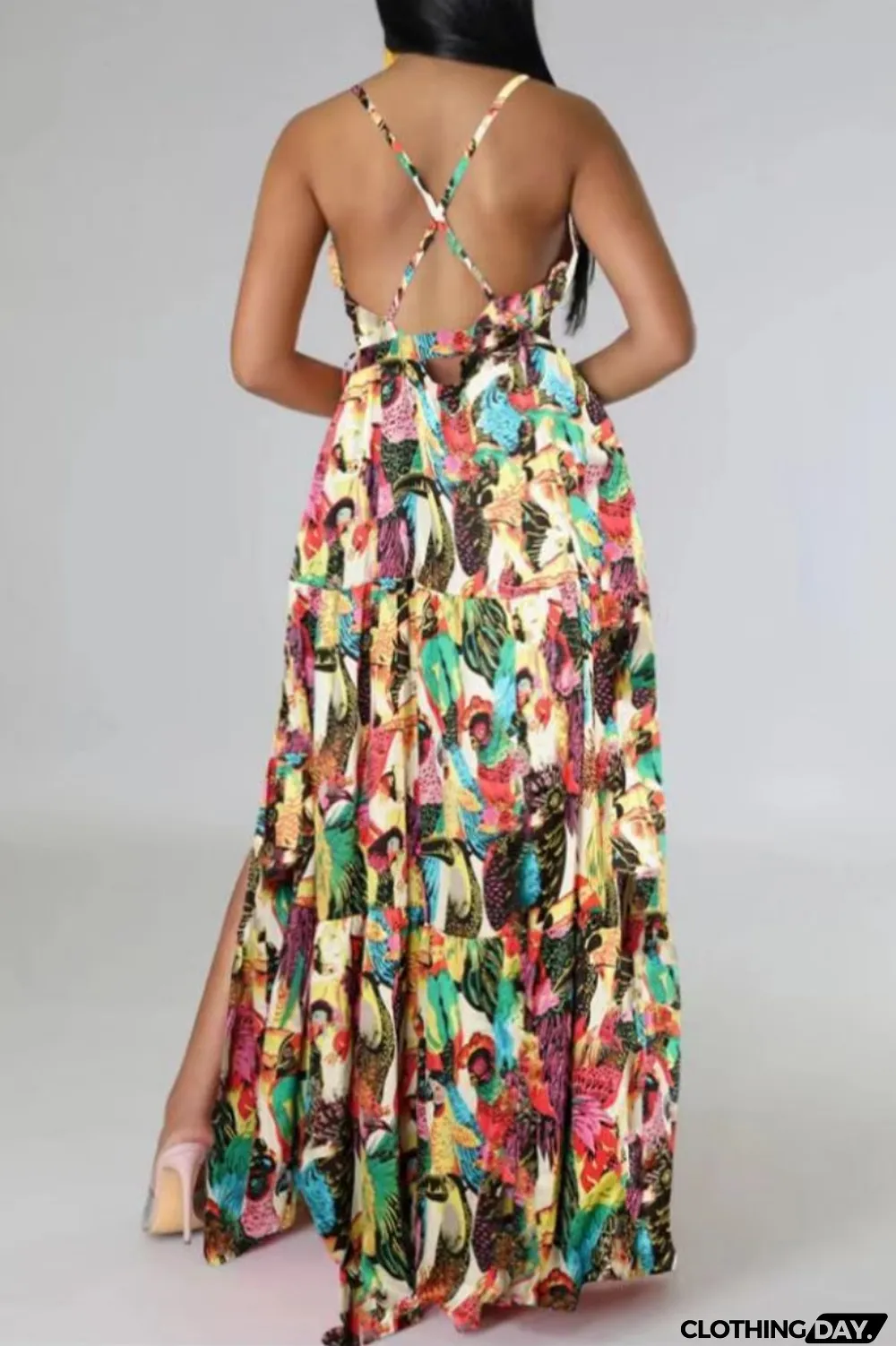 Multi-color Sexy Casual Print Backless Slit Spaghetti Strap Long Dress Dresses